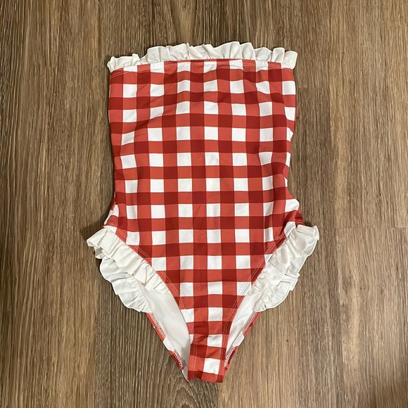 Gingham Print Cotton Frill Bandeau Swimsuit - Picture 3 of 4
